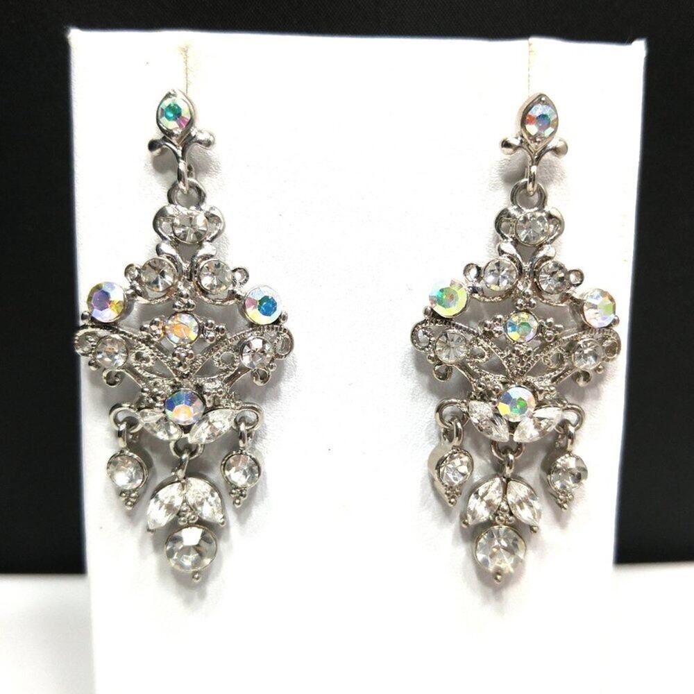 Rhinestone Dangle Post Earrings, Silver Tone Clear and Aurora Borealis, 2 Inches